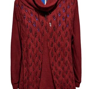Joseph A. Woman 3X Burgundy Knit Cowl Neck Tunic Sweater – Lace Detail